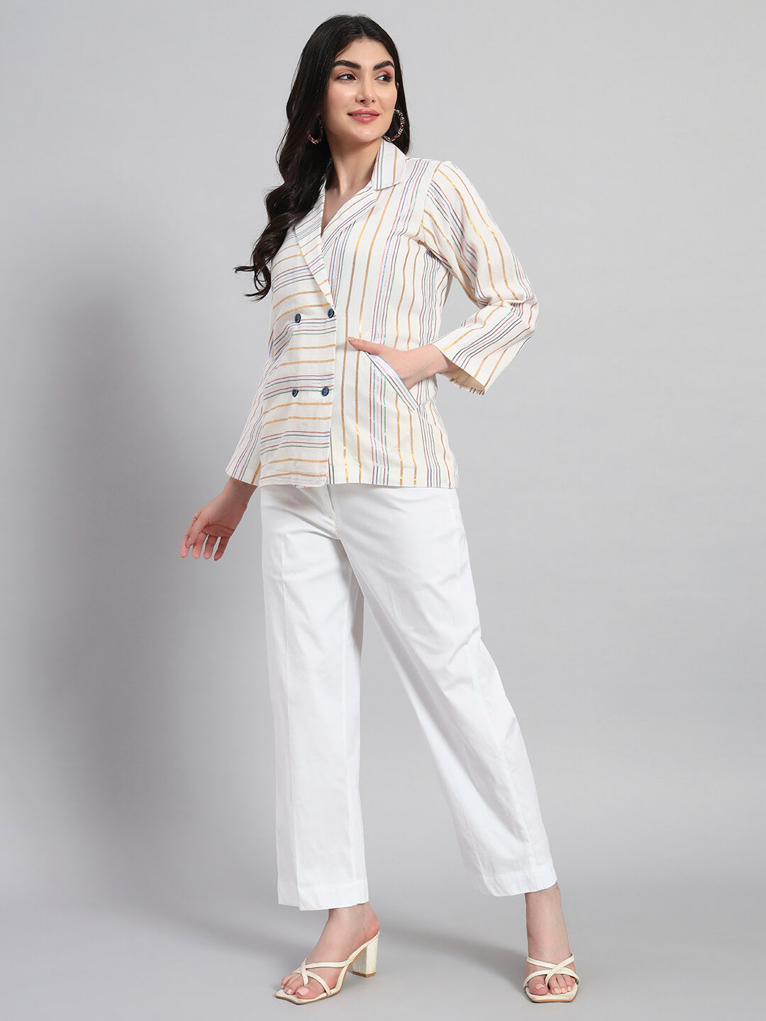Cotton Stripes Coat with Pant