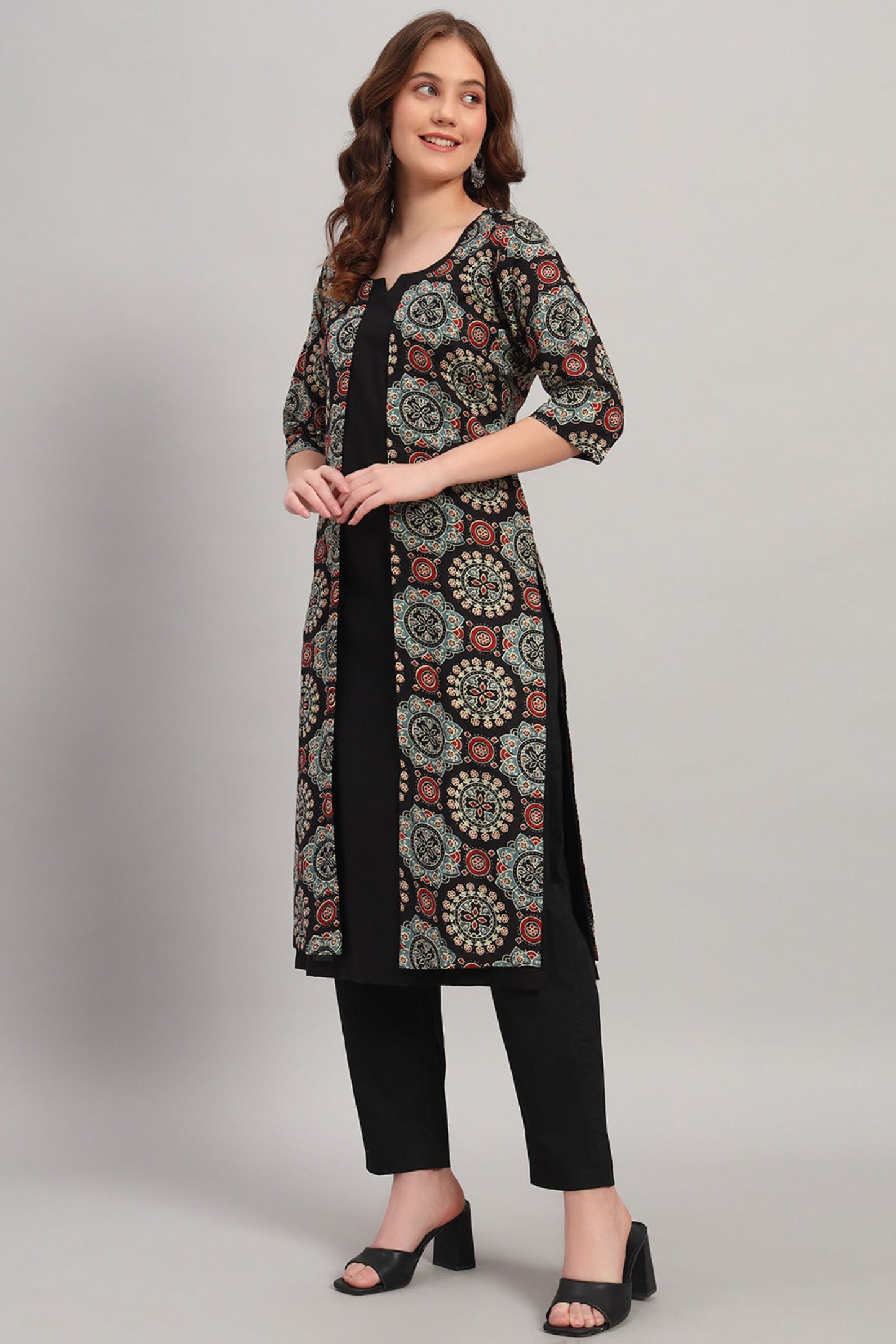Black Hand block Cotton Kurta Set with Shrug