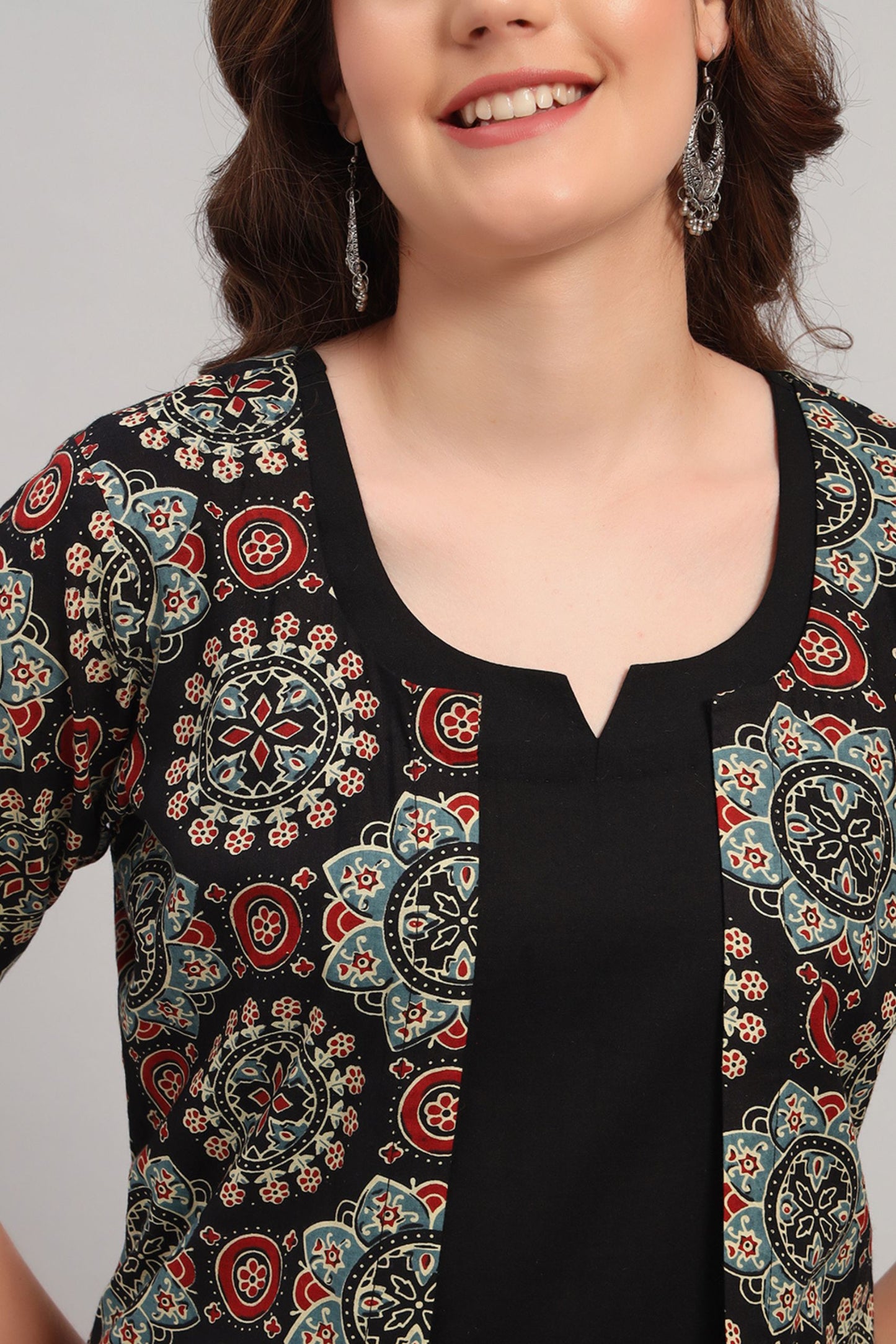 Black Hand block Cotton Kurta Set with Shrug