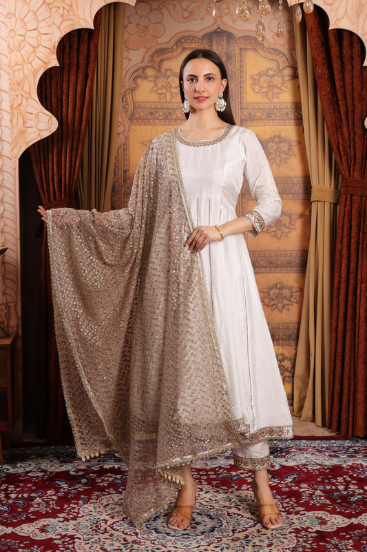 White Silk Anarkali Kurta Set With Heavy Dupatta