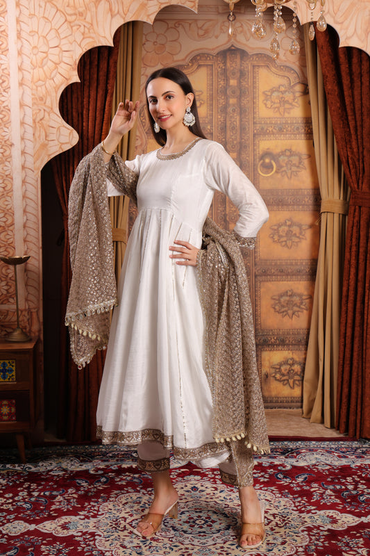 White Silk Anarkali Kurta Set With Heavy Dupatta