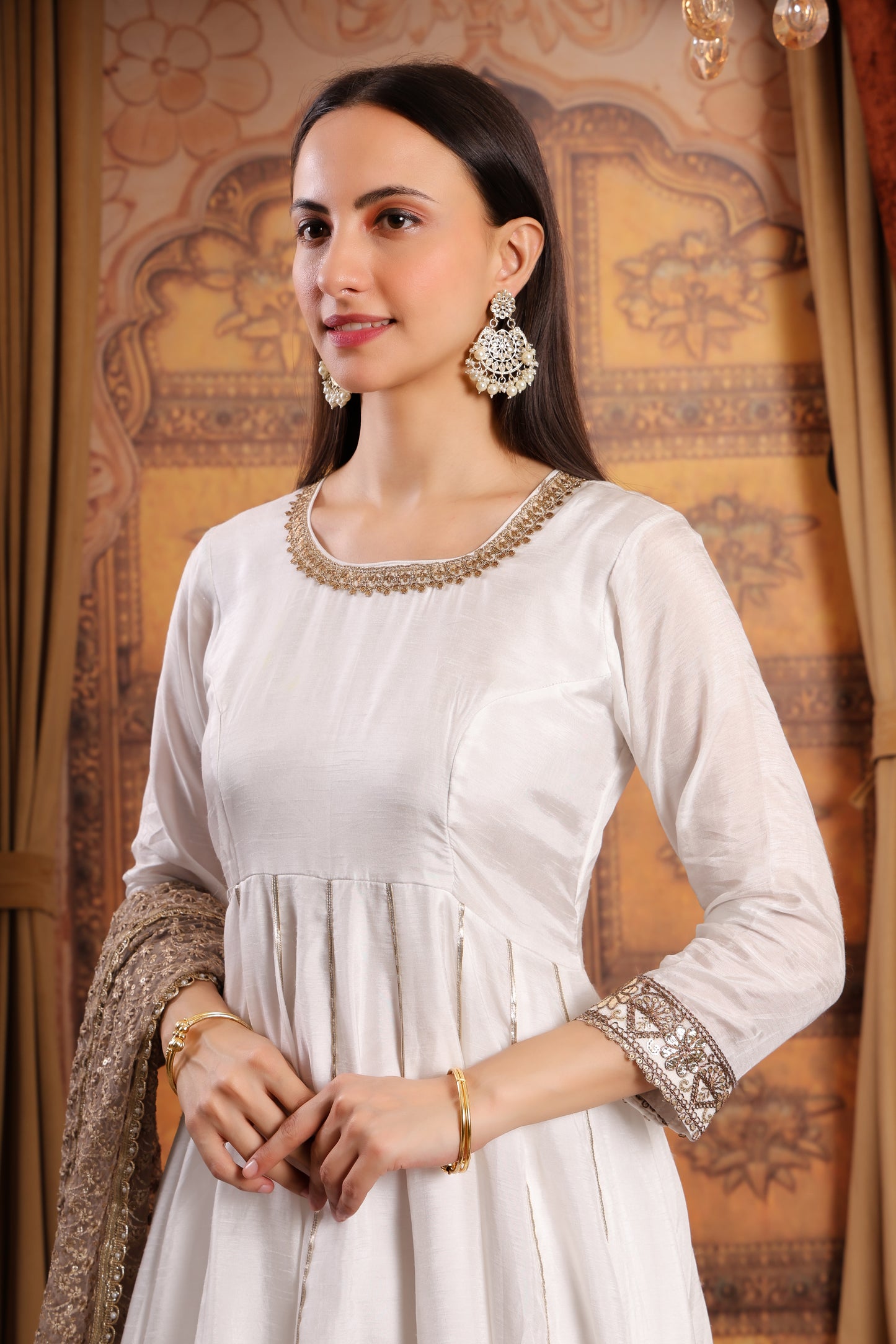 White Silk Anarkali Kurta Set With Heavy Dupatta
