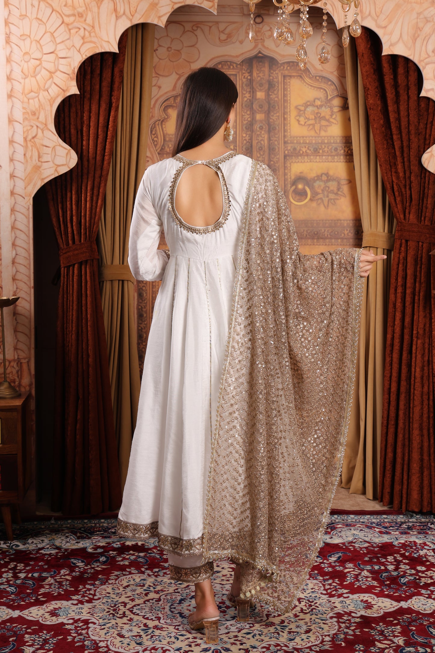 White Silk Anarkali Kurta Set With Heavy Dupatta