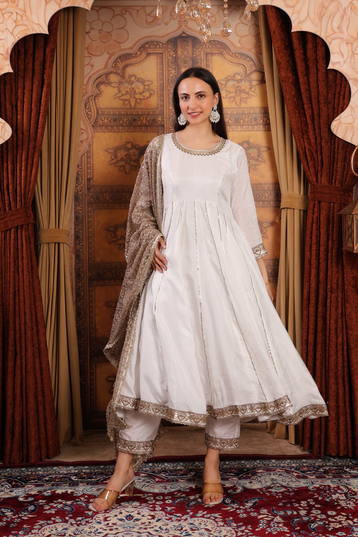 White Silk Anarkali Kurta Set With Heavy Dupatta