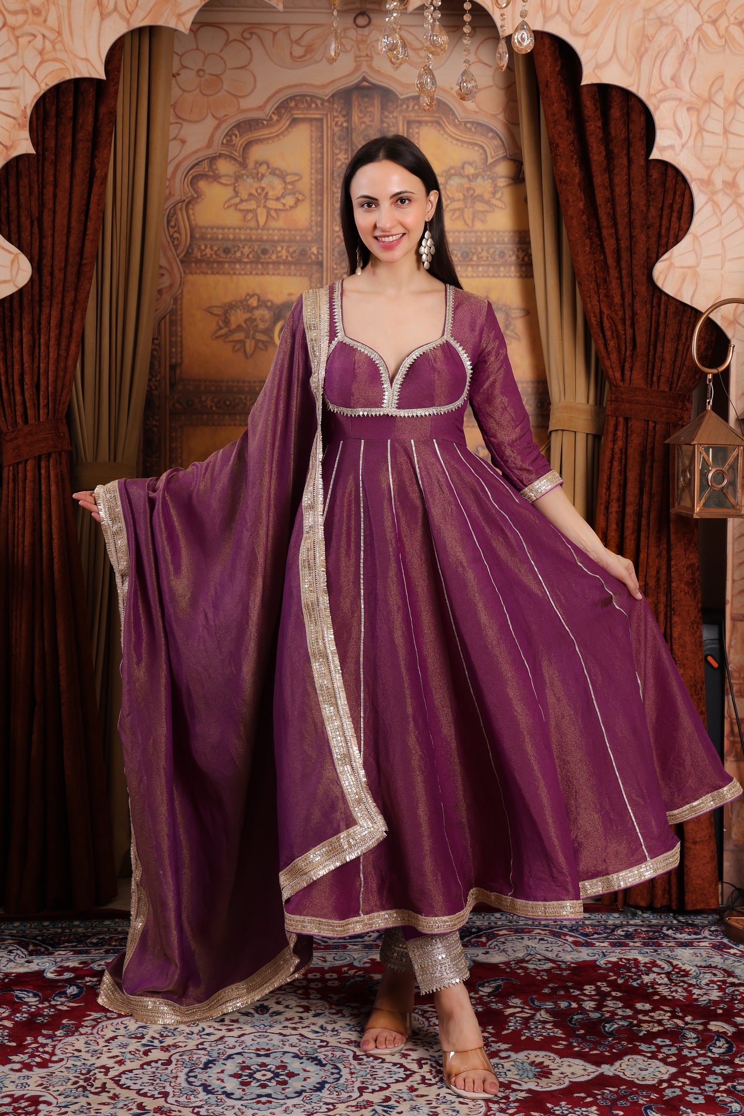 Purple Tissue Silk Anarkali Kurta Set