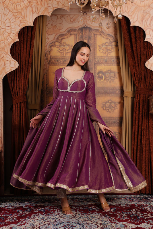 Purple Tissue Silk Anarkali Kurta Set