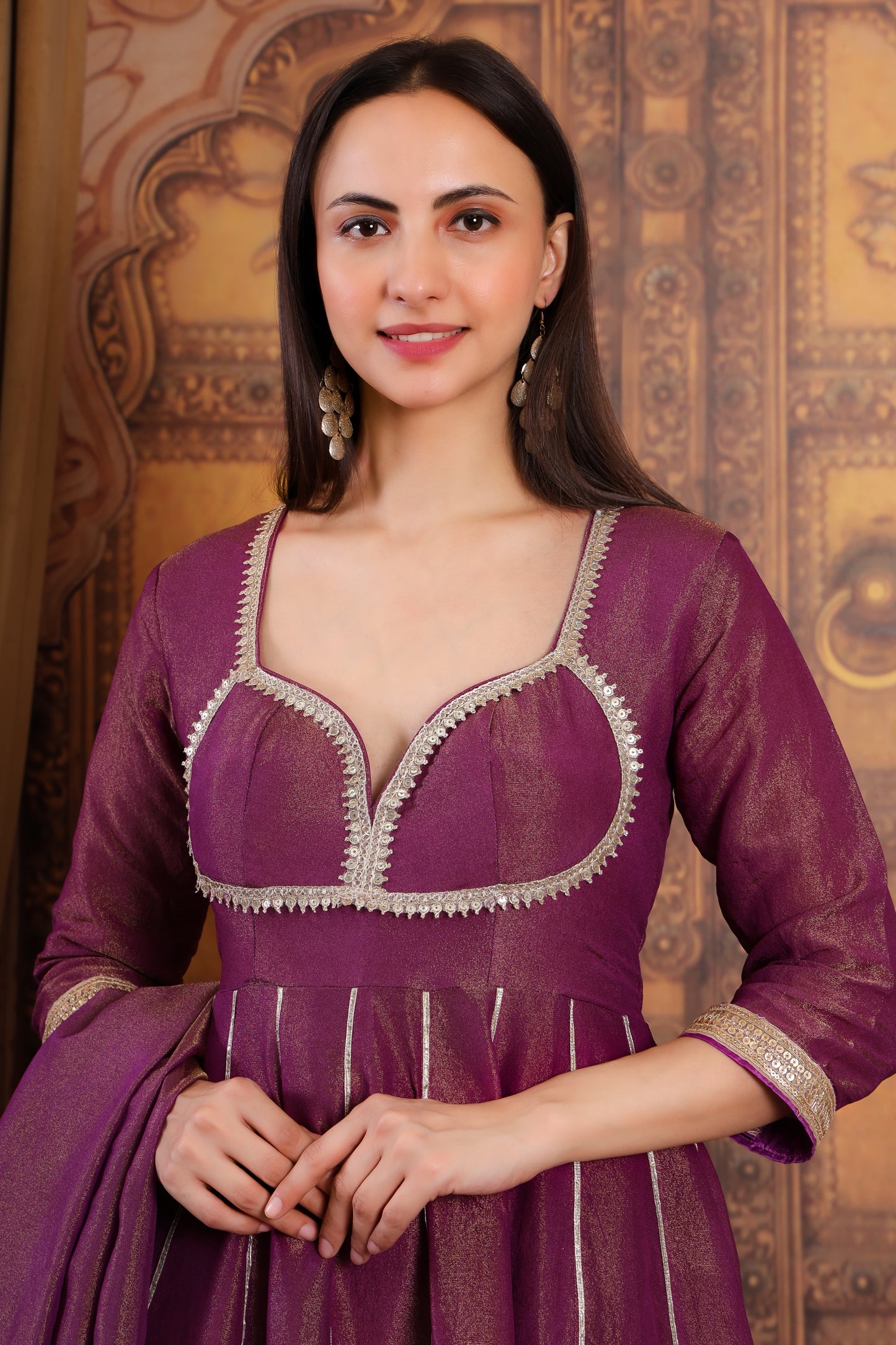 Purple Tissue Silk Anarkali Kurta Set