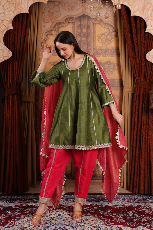 A-Line Kurta Set with Tissue Silk Dupatta
