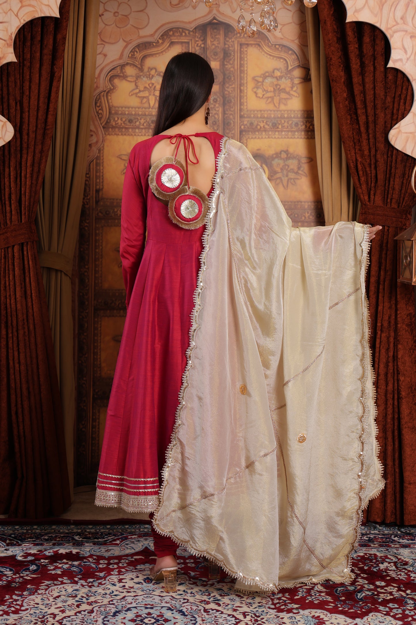 Reddish Pink Silk Anarkali Kurta Set