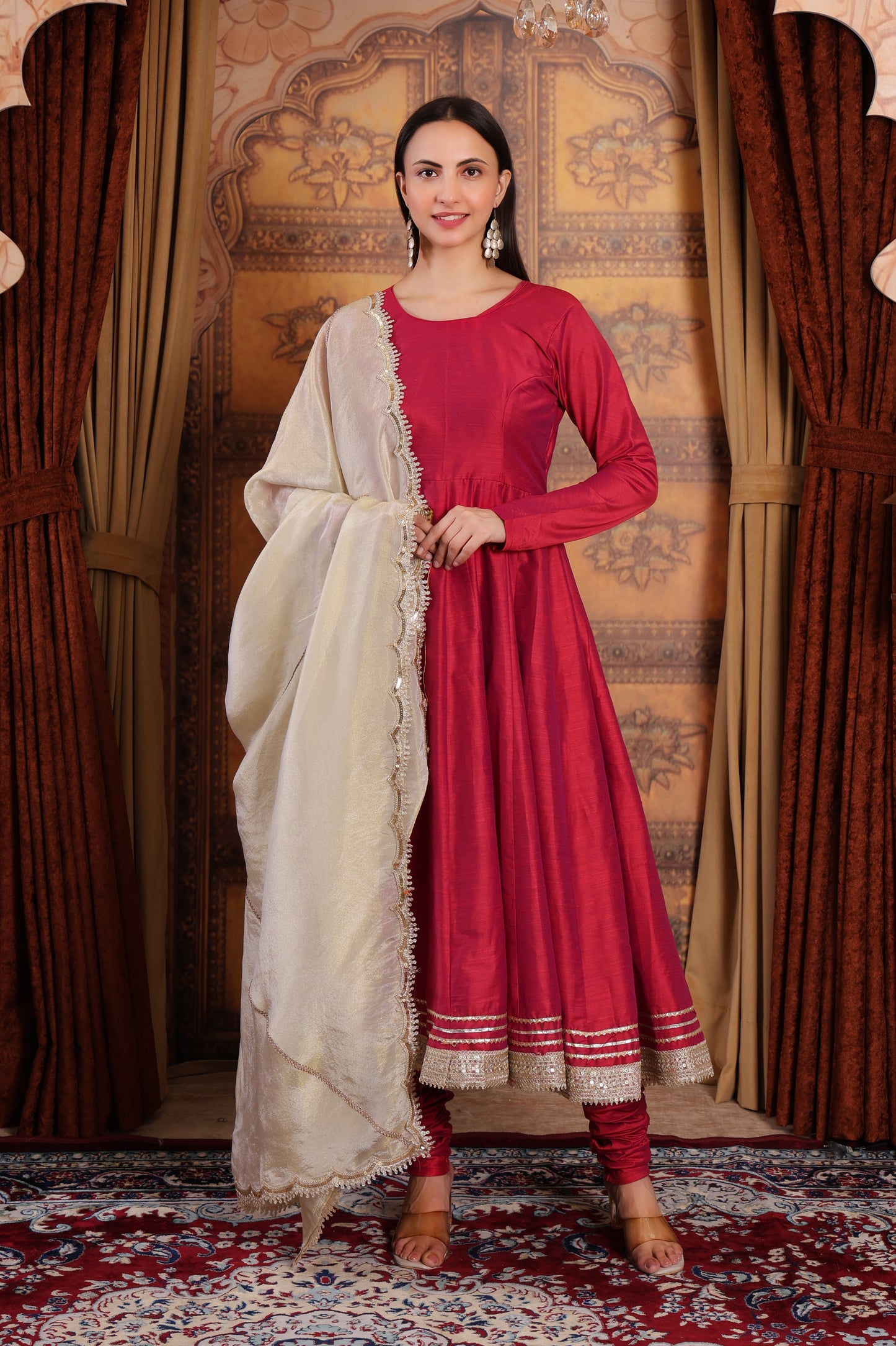 Reddish Pink Silk Anarkali Kurta Set