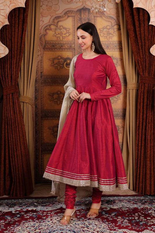 Reddish Pink Silk Anarkali Kurta Set