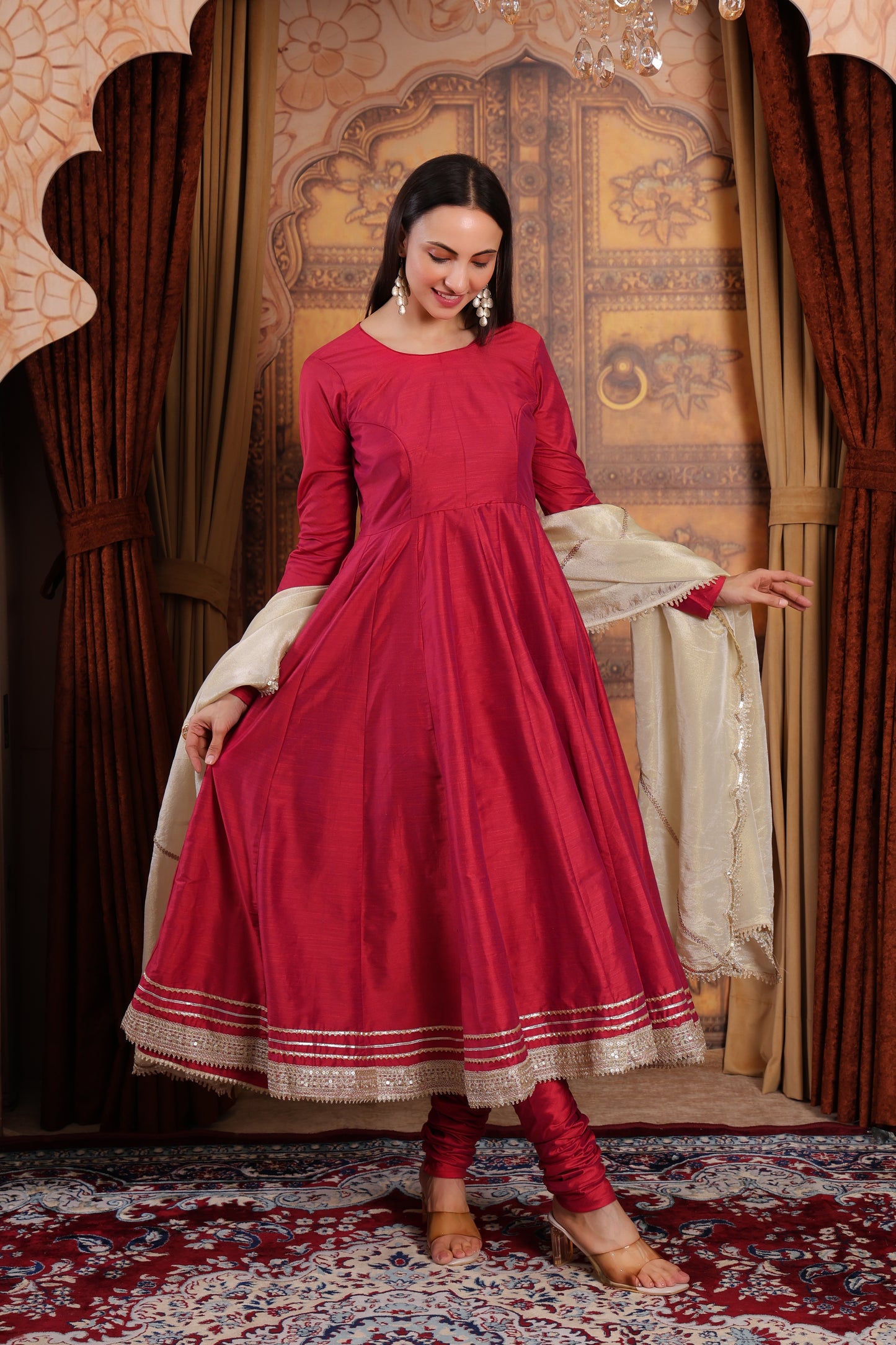 Reddish Pink Silk Anarkali Kurta Set