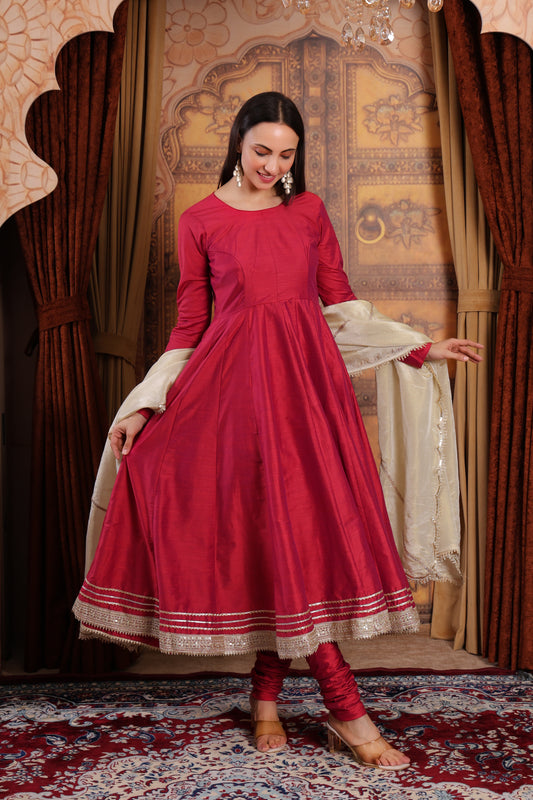 Reddish Pink Silk Anarkali Kurta Set
