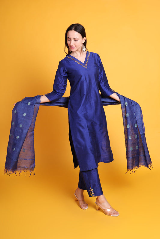 Silk Kurta Set with Silk Dupatta and Handwork