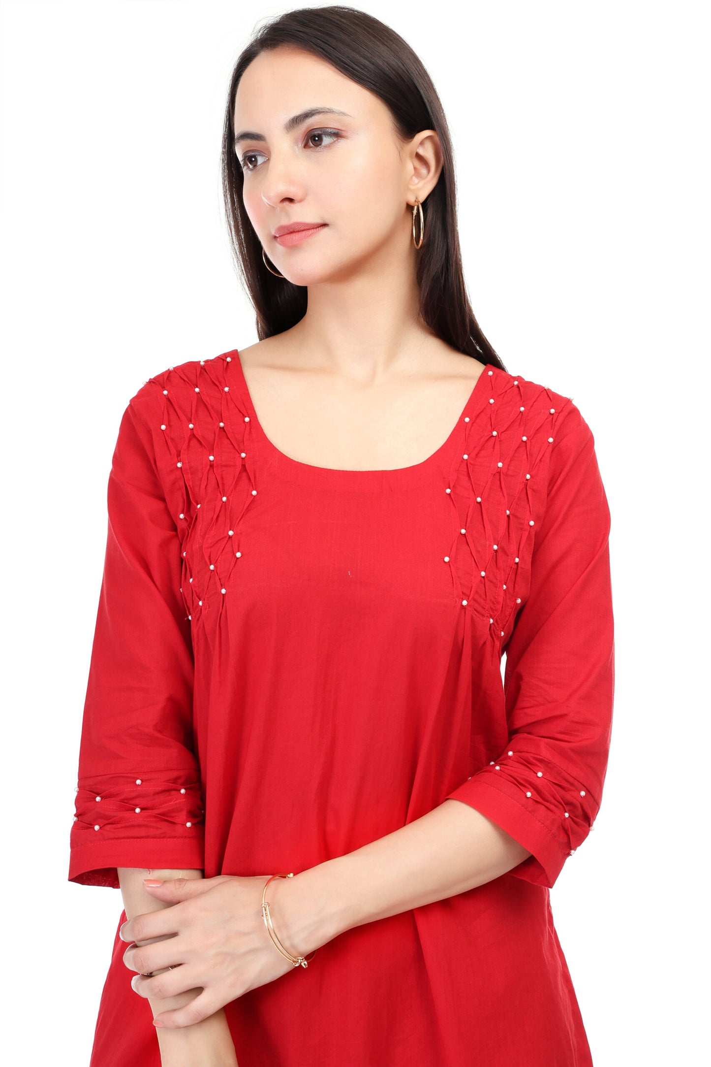 Cambric cotton kurta set with pearl embroidery