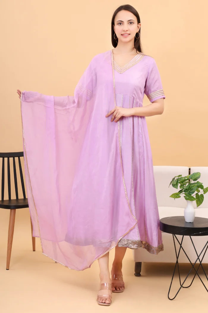 Muslin lilac anarkali set with orgenzza dupatta
