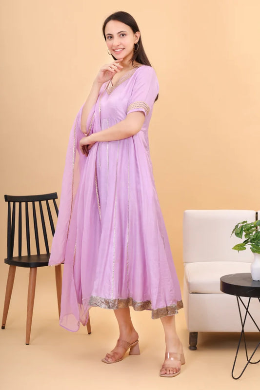 Muslin lilac anarkali set with orgenzza dupatta