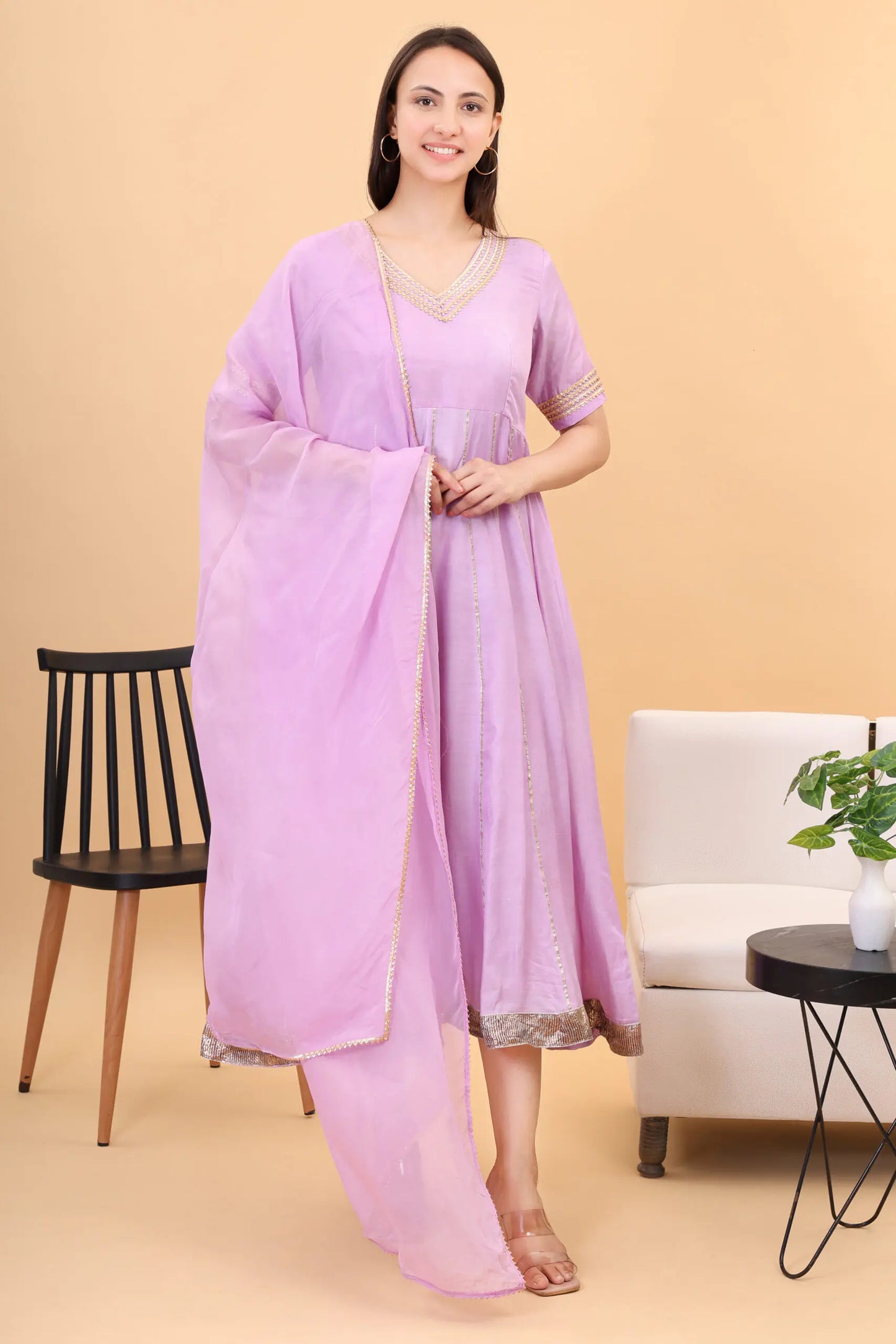 Muslin lilac anarkali set with orgenzza dupatta