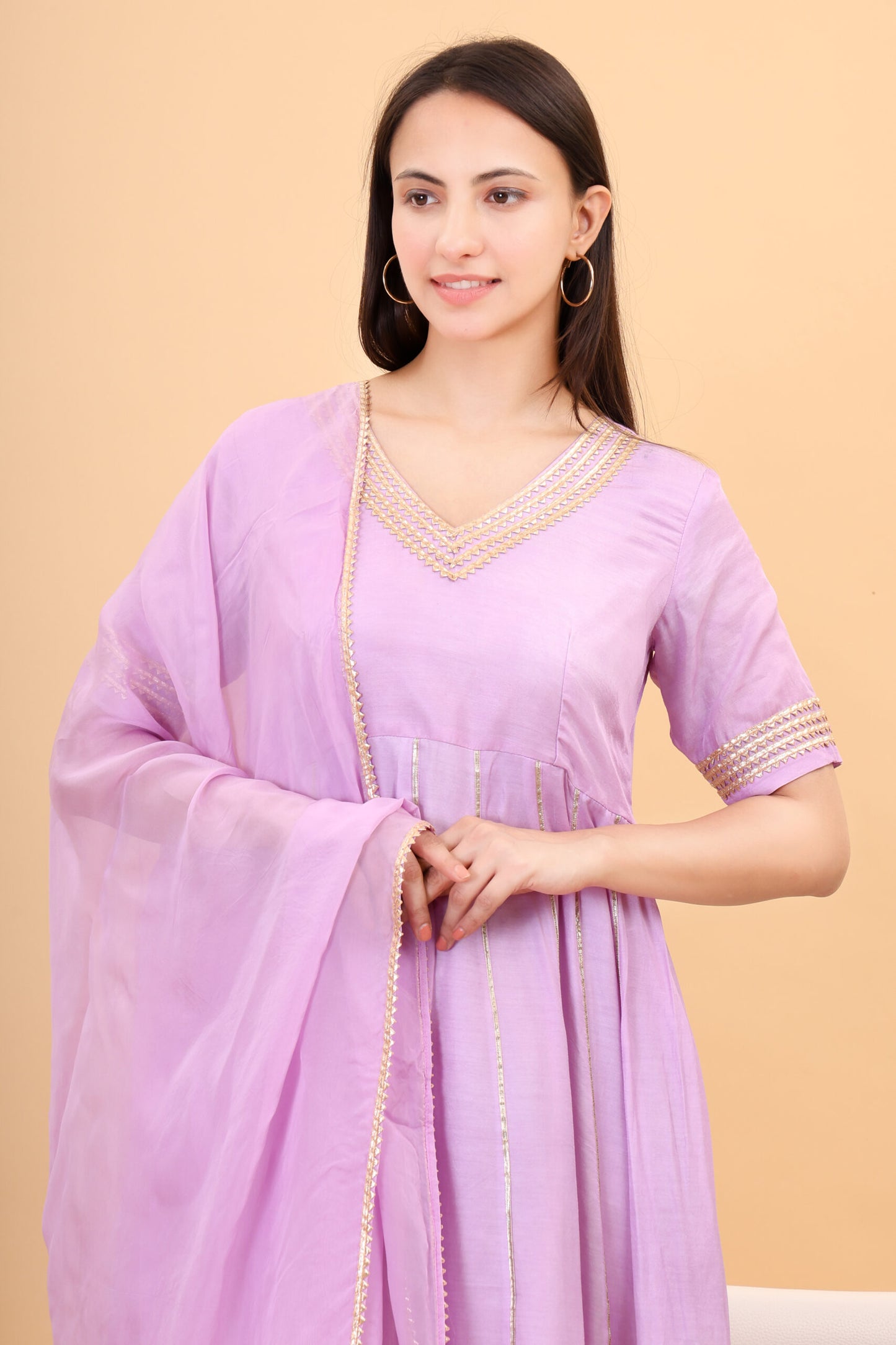 Muslin lilac anarkali set with orgenzza dupatta