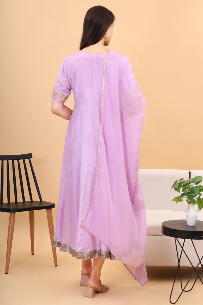 Muslin lilac anarkali set with orgenzza dupatta