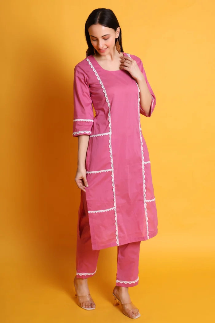 Pure Cotton Chicken Lace Work Kurta Set