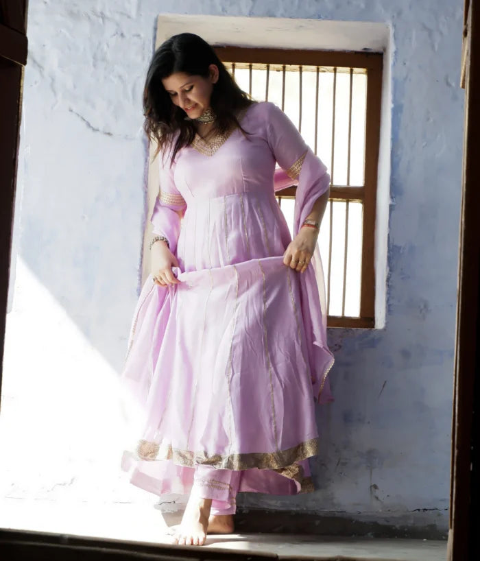 Muslin lilac anarkali set with orgenzza dupatta