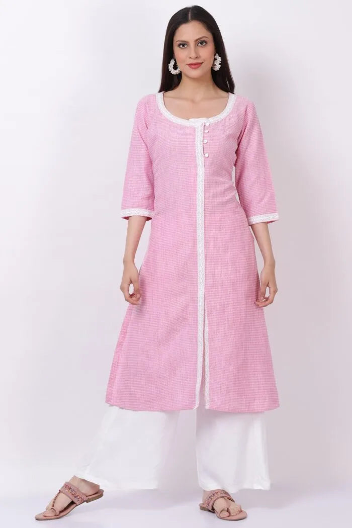Pink Handloom Cotton Kurti with Palazzo