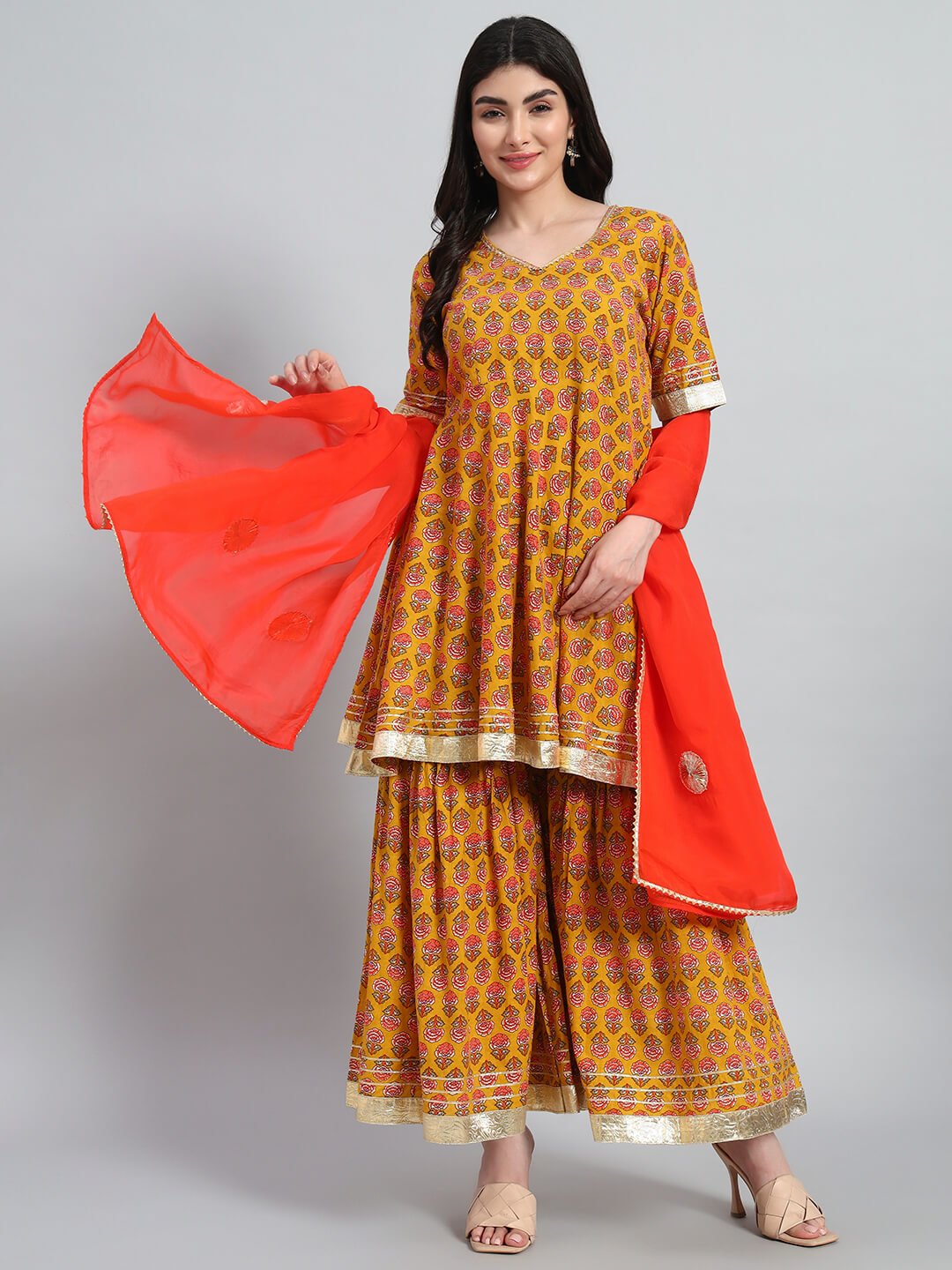 Hand Block Sharara Set with Organza Dupatta