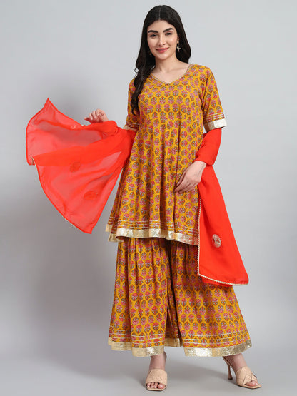 Hand Block Sharara Set with Organza Dupatta