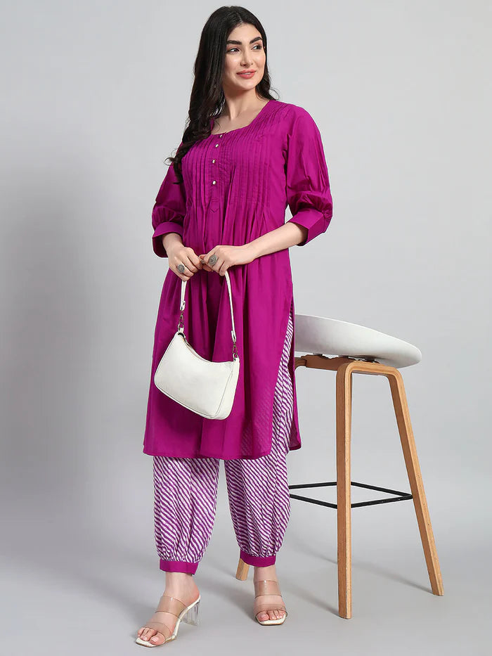 Plain Kurta With Leheria Afghani Salwar