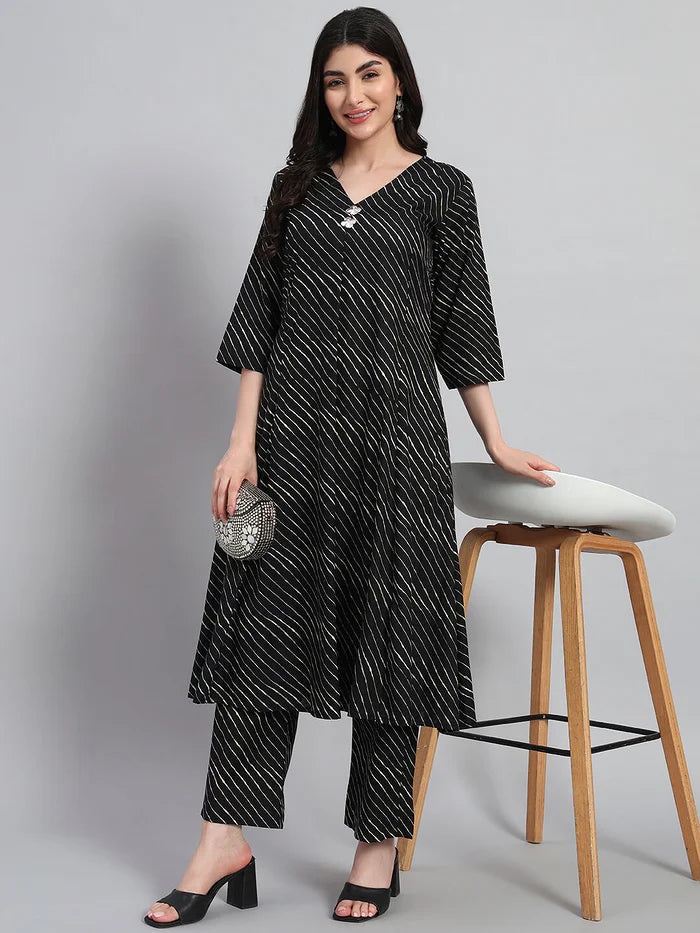 Hand Block Leheria Cotton Kurta Set