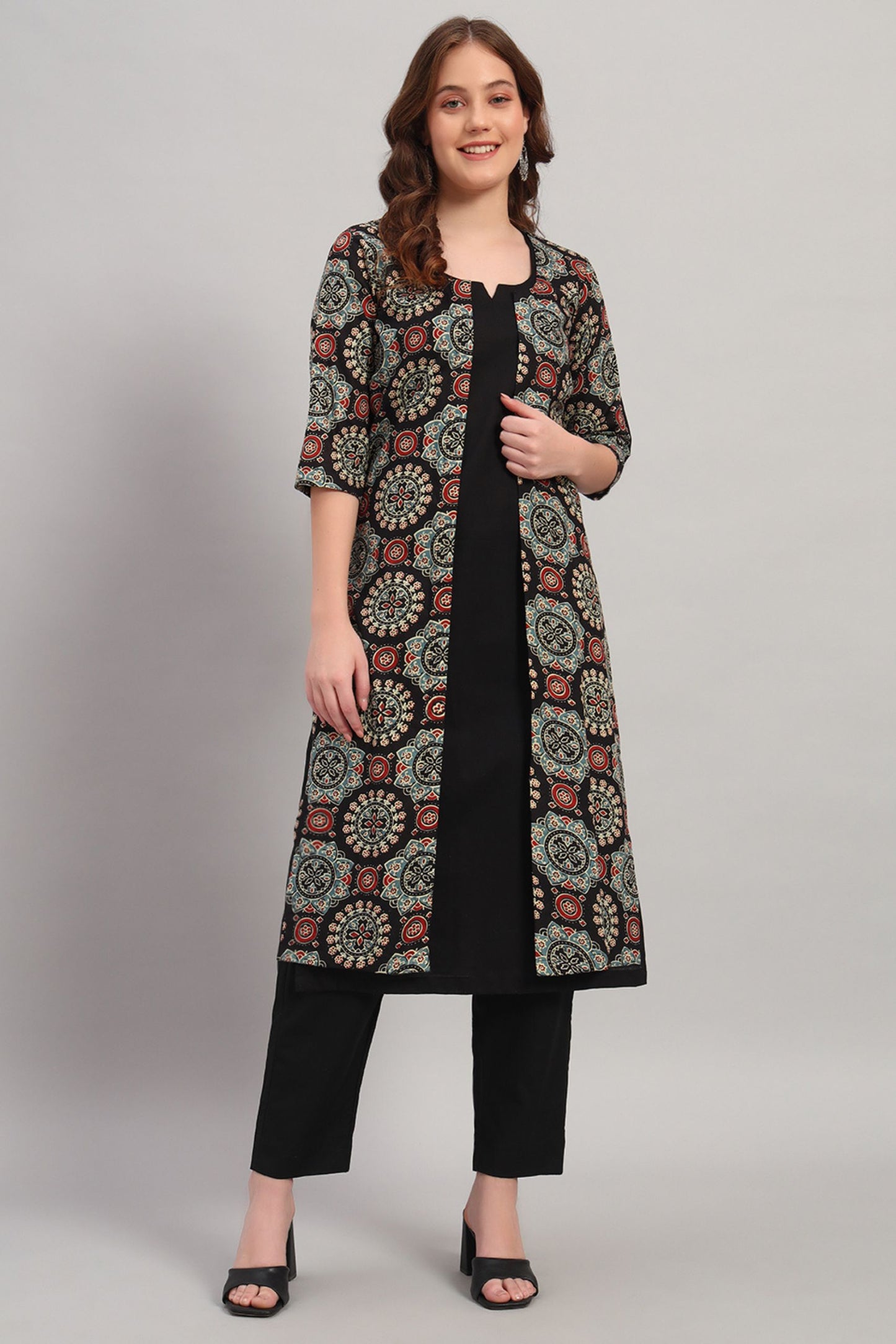 Black Hand block Cotton Kurta Set with Shrug