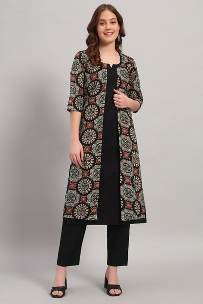Black Hand block Cotton Kurta Set with Shrug