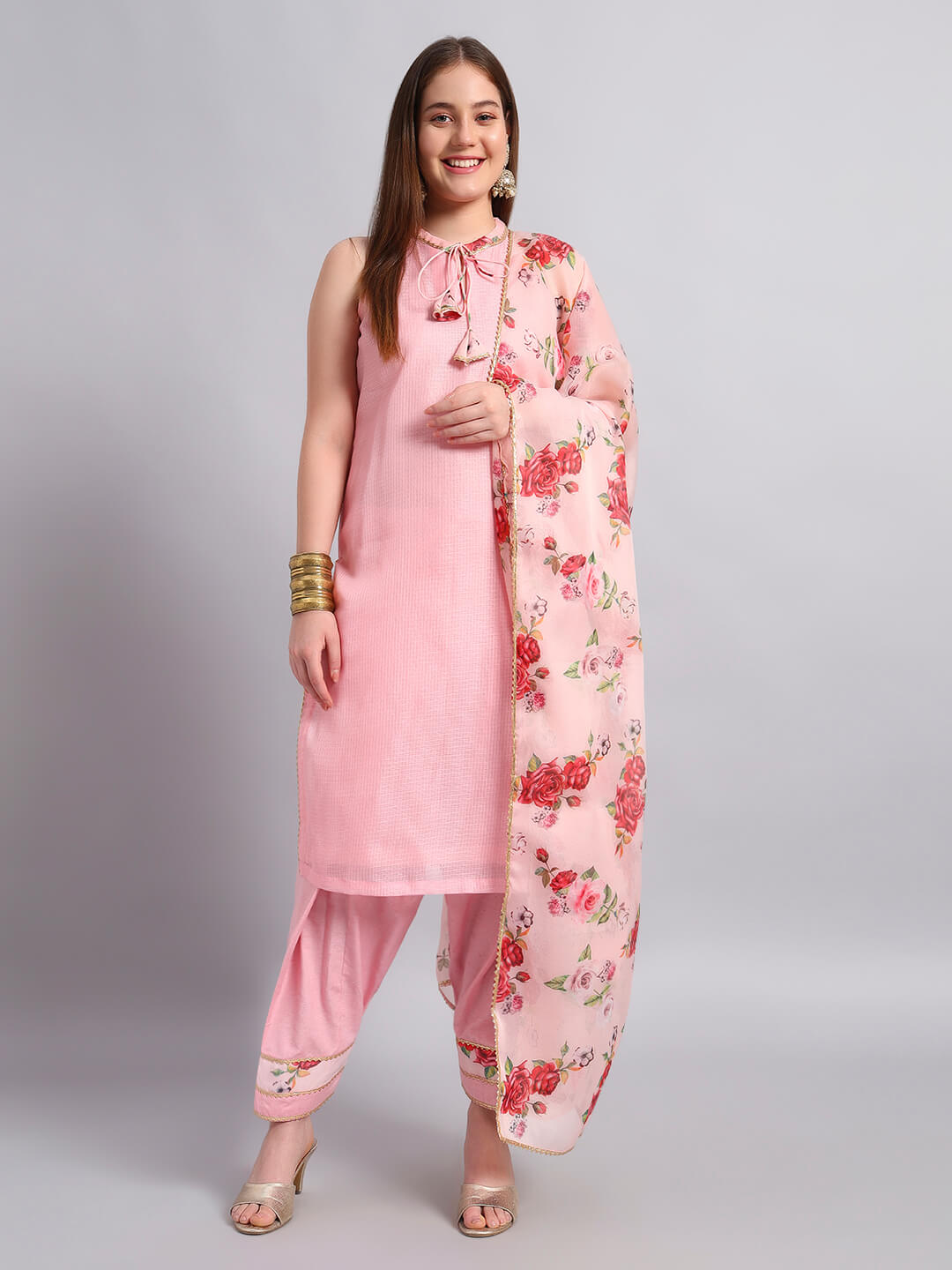 Kotadoria Kurta Set with Organza Floral Dupatta
