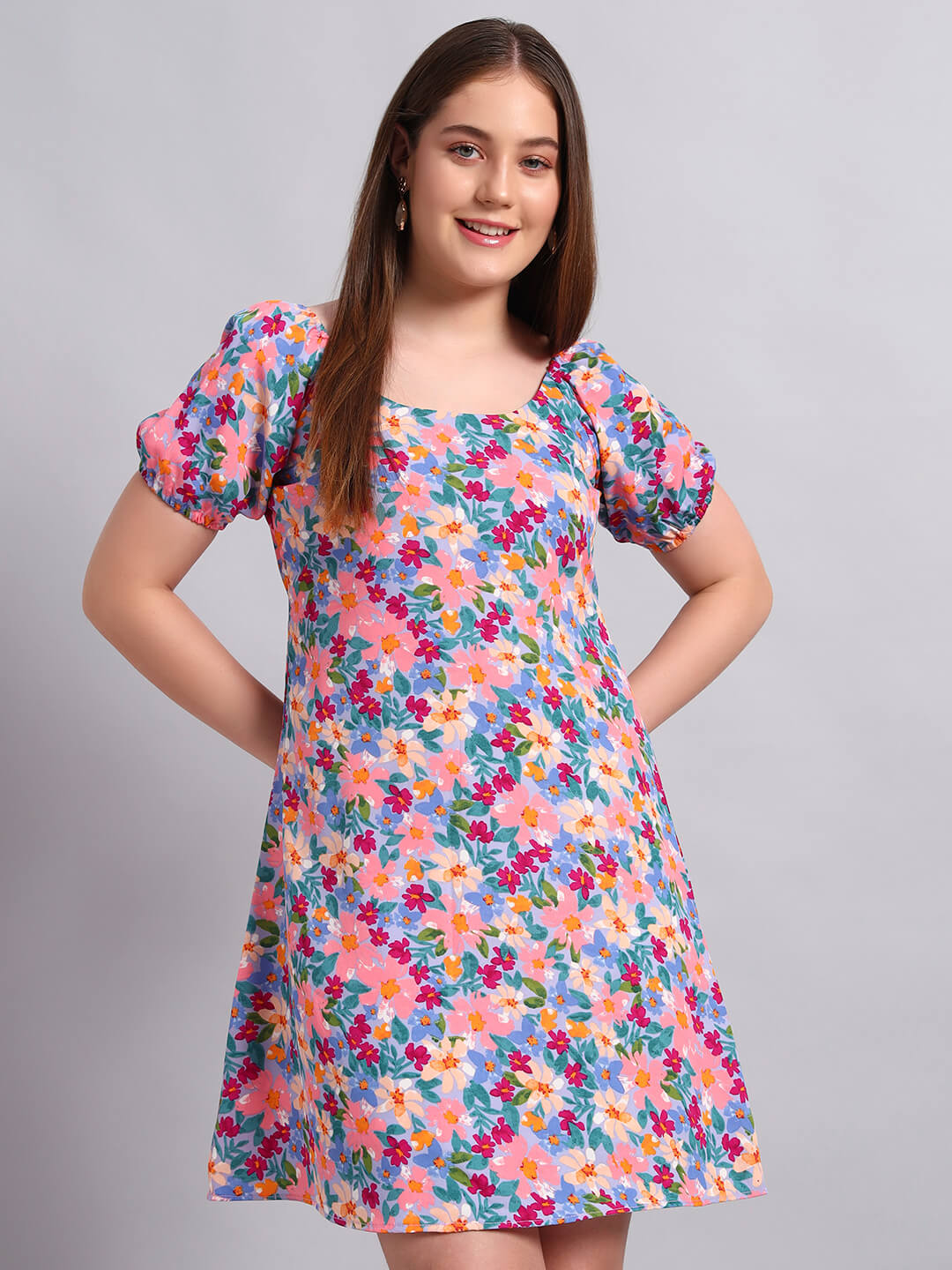 Crepe Floral Print Short Dress