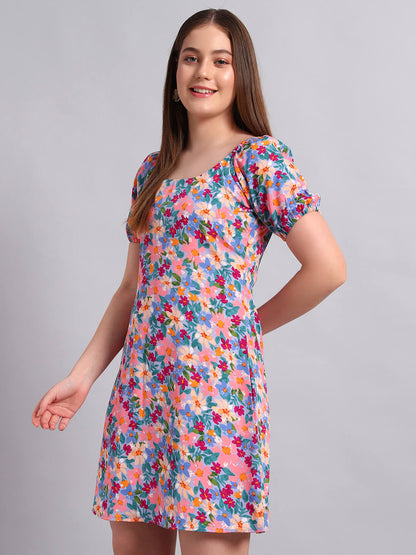 Crepe Floral Print Short Dress