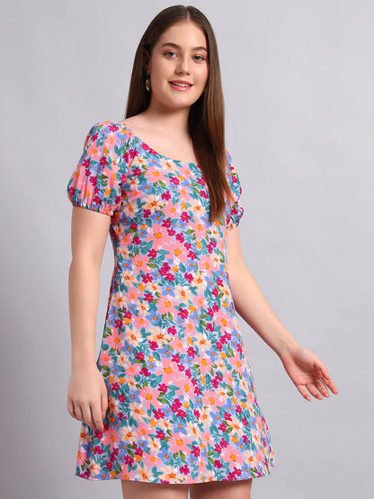 Crepe Floral Print Short Dress