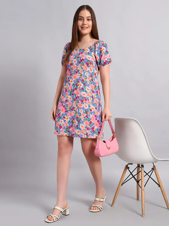 Crepe Floral Print Short Dress