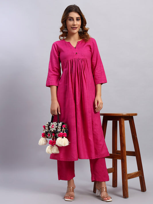 Magenta Handloom Cottom Gathered Kurta Set