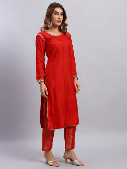 Hand Embroided Kurta and Banarasi Pant with Tissue Silk Dupatta