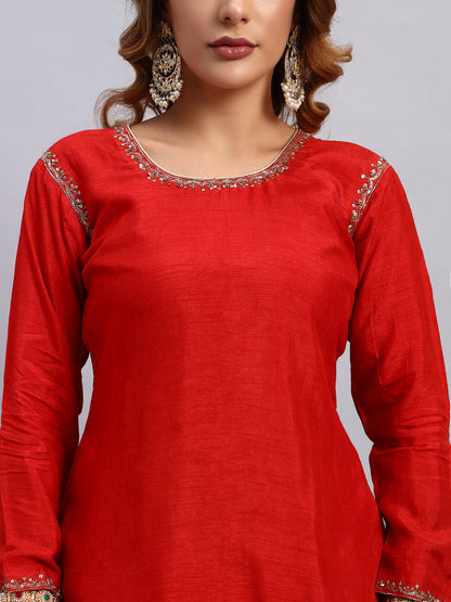 Hand Embroided Kurta and Banarasi Pant with Tissue Silk Dupatta