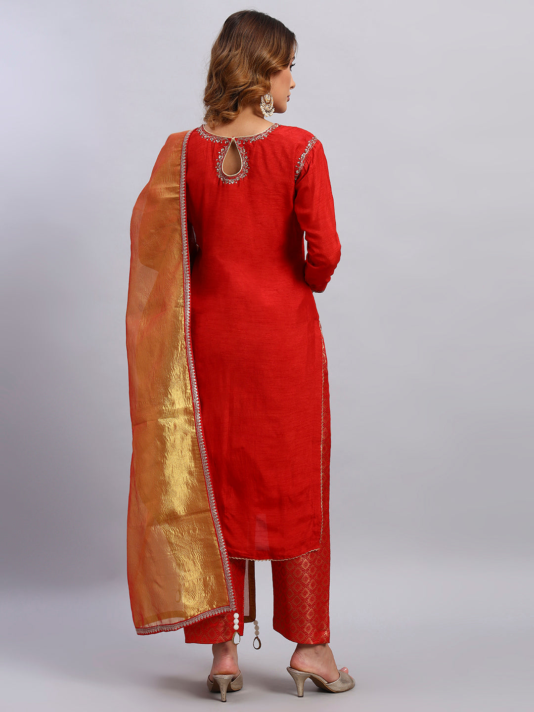 Hand Embroided Kurta and Banarasi Pant with Tissue Silk Dupatta