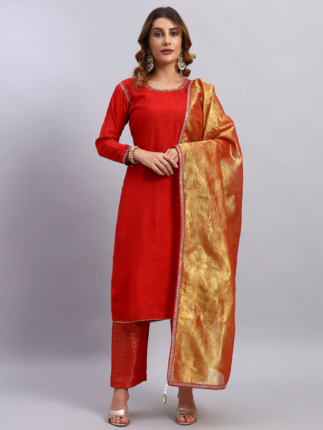 Hand Embroided Kurta and Banarasi Pant with Tissue Silk Dupatta