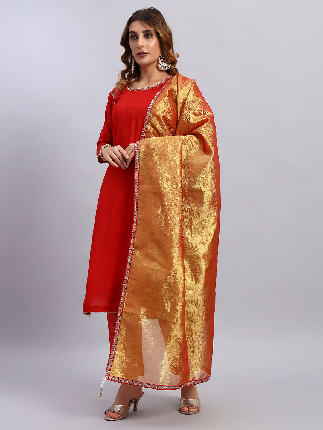 Hand Embroided Kurta and Banarasi Pant with Tissue Silk Dupatta