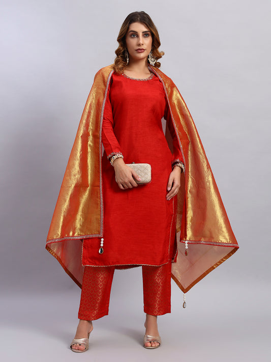 Hand Embroided Kurta and Banarasi Pant with Tissue Silk Dupatta