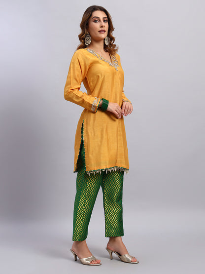 Hand Embroided Kurta and Banarasi Pant with Tissue Silk Dupatta