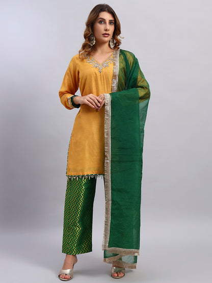 Hand Embroided Kurta and Banarasi Pant with Tissue Silk Dupatta