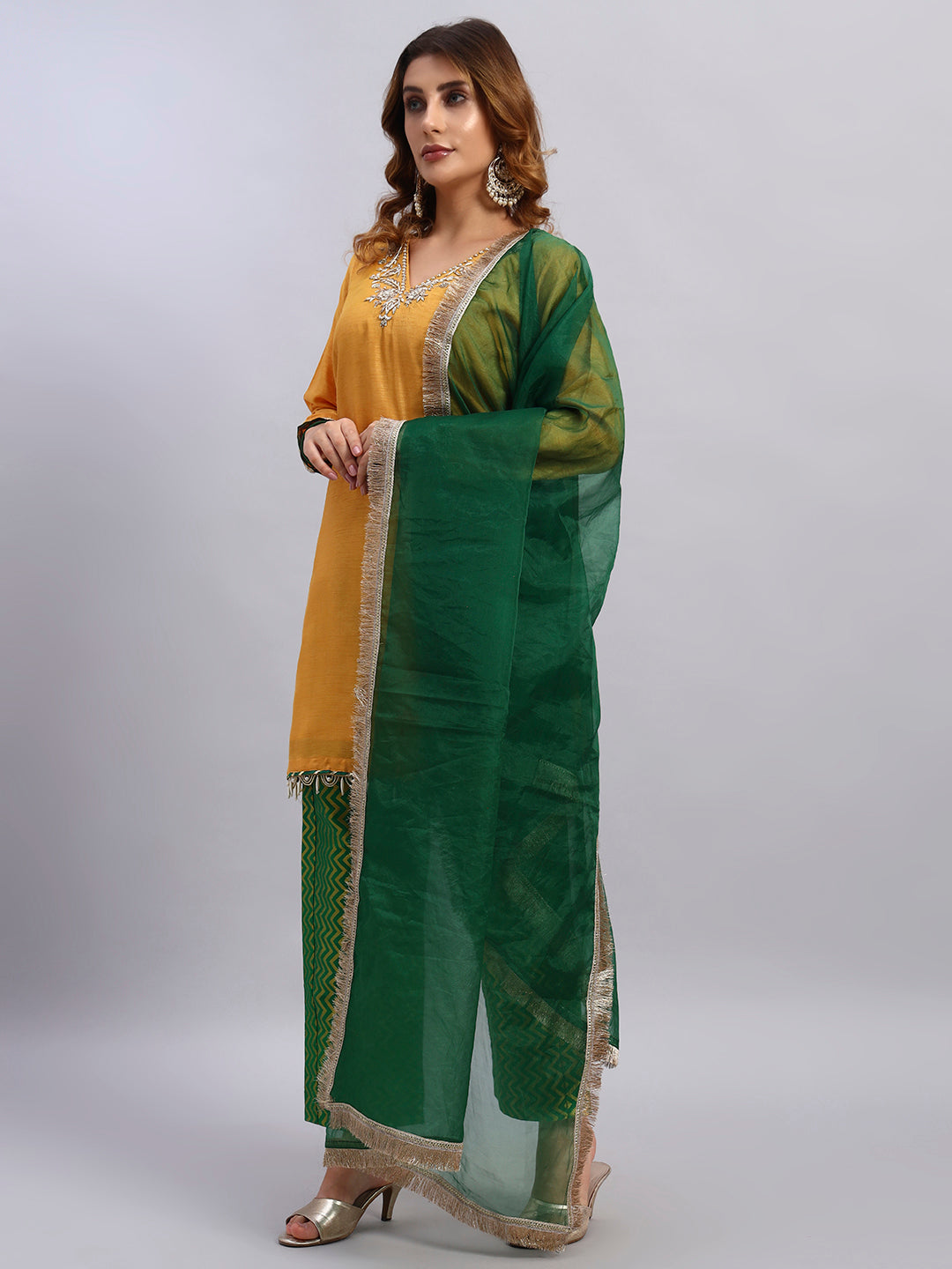 Hand Embroided Kurta and Banarasi Pant with Tissue Silk Dupatta