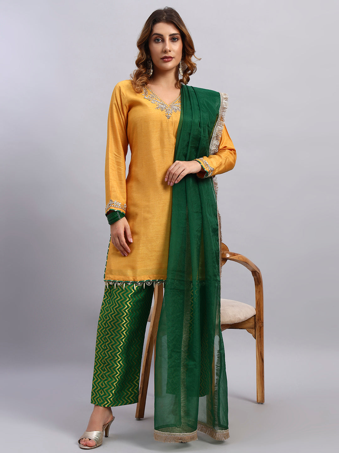 Hand Embroided Kurta and Banarasi Pant with Tissue Silk Dupatta