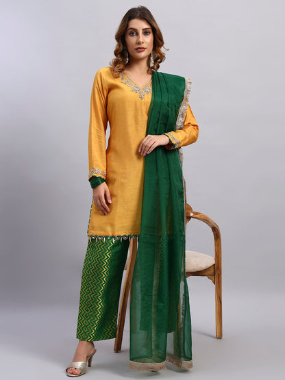 Hand Embroided Kurta and Banarasi Pant with Tissue Silk Dupatta
